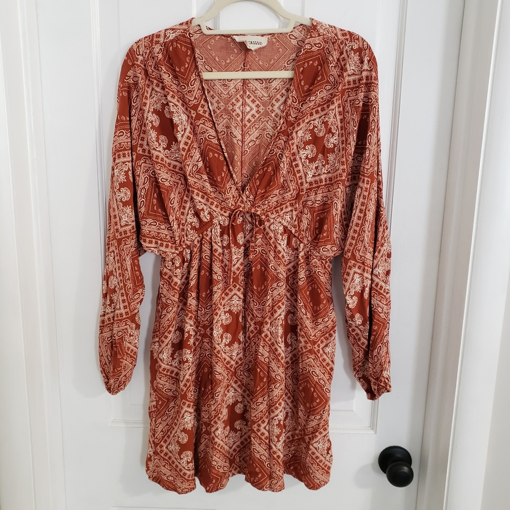 Savanna Jane Womens Mini Dress LG‎ Deep V-Neck Babydoll Boho Fall Ivory Rust
